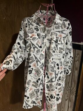 White Printed Longline women’s Shirt with Travel Motif